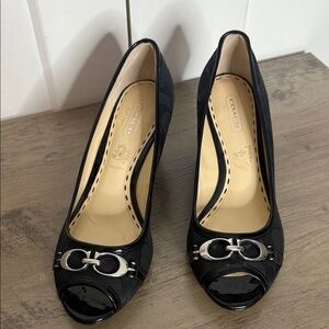 Coach | Precious Classic Cs Black Peep Toe Heels with Silver Accents - 6.5